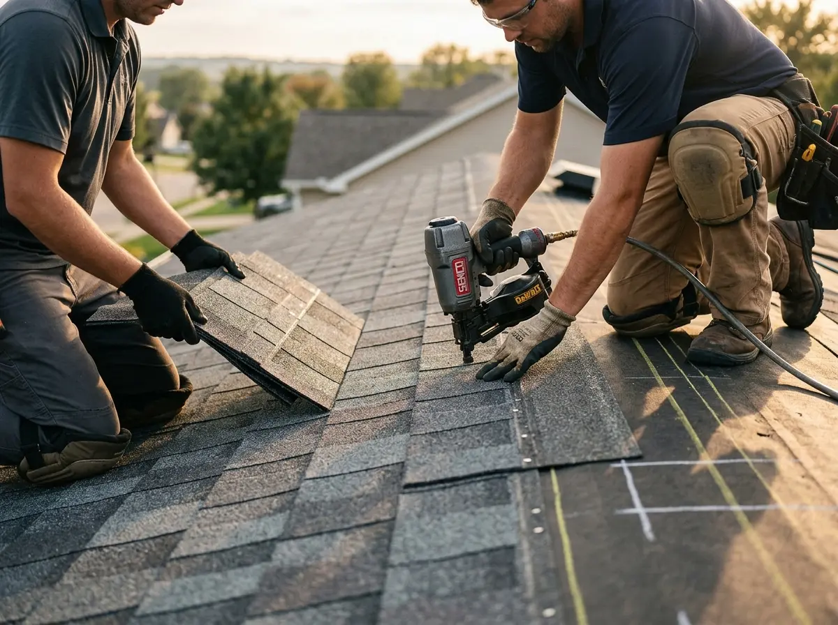 Professional roofer working on a residential roof in Dumfries